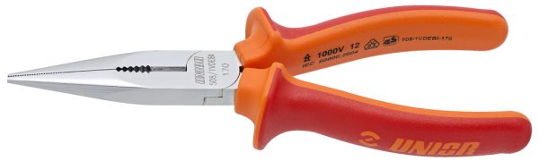Insulated Long nose pliers with side cutter and pipe grip, straight - 200mm